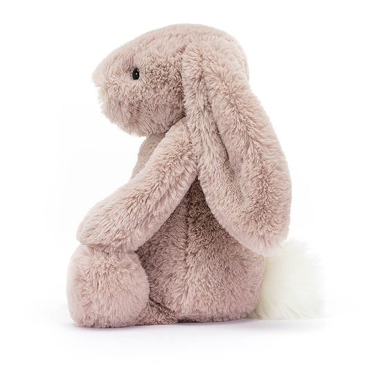Jellycat Bashful Luxe Rosa Bunny side view, silky pink fur and ears.