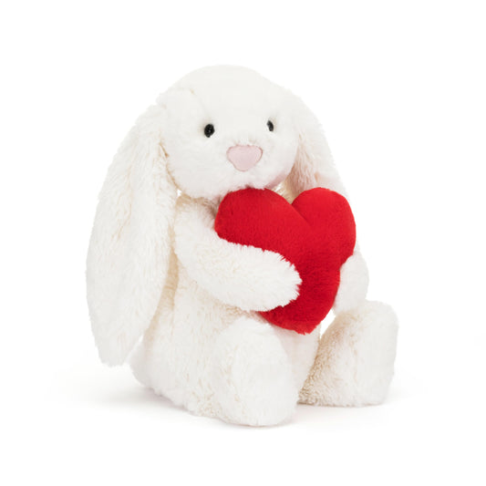 Jellycat Bashful Red Love Heart Bunny front view with ultra-soft fur for cuddling.