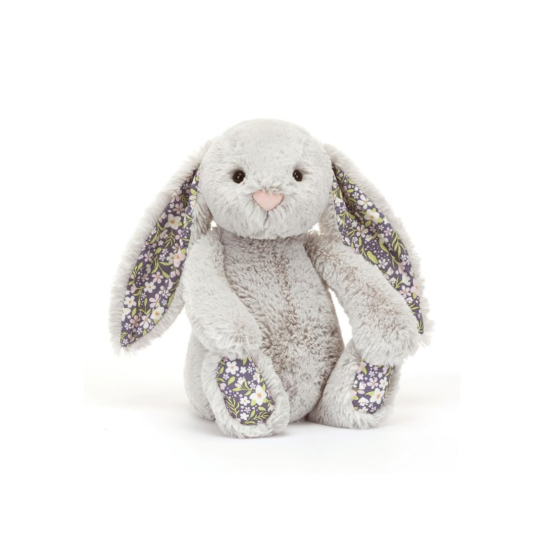Jellycat Bashful Silver Bunny Bloom closeup ears for cozy bedtime comfort.