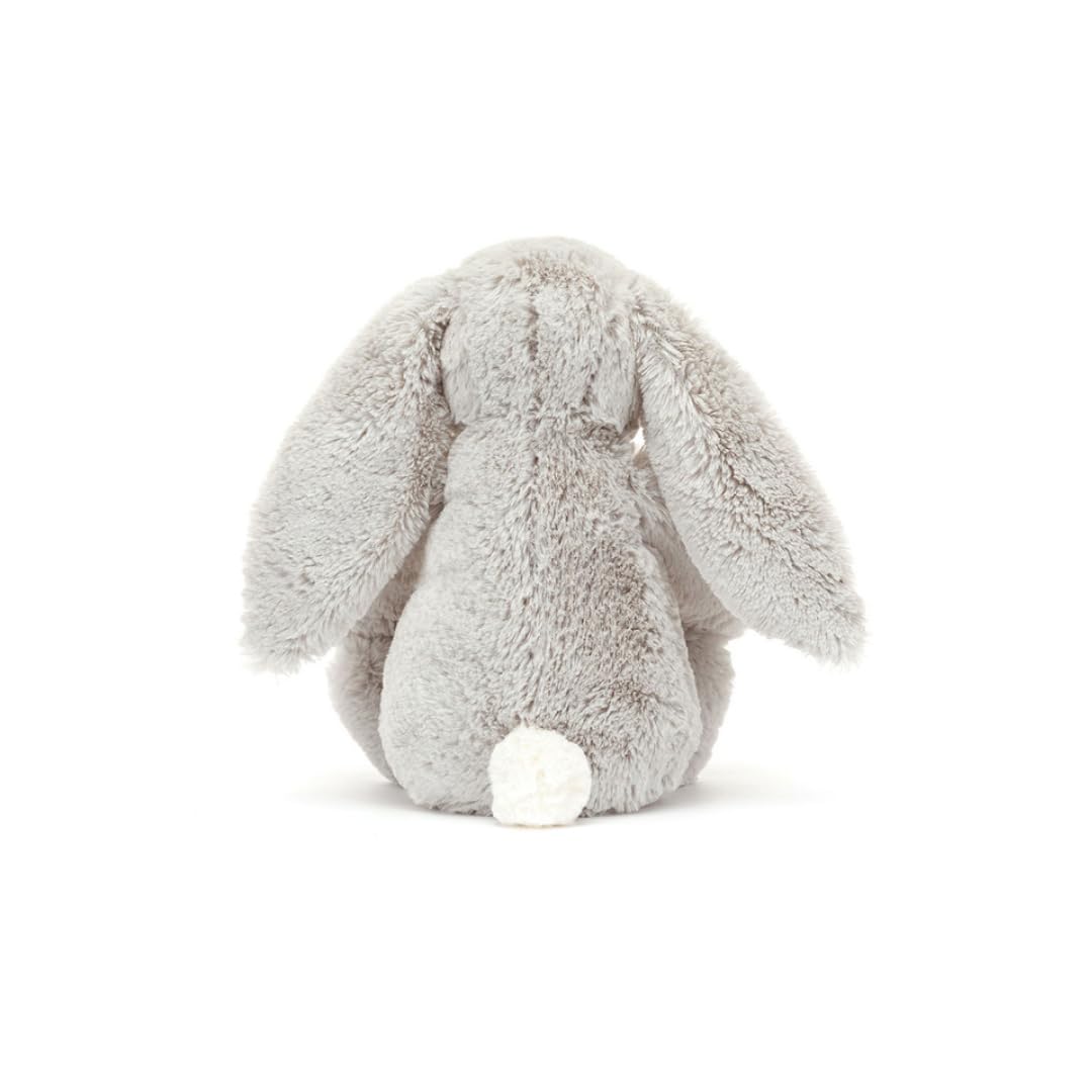 Jellycat Bashful Silver Bunny Bloom floral detail showcases decorative midnight blue design.