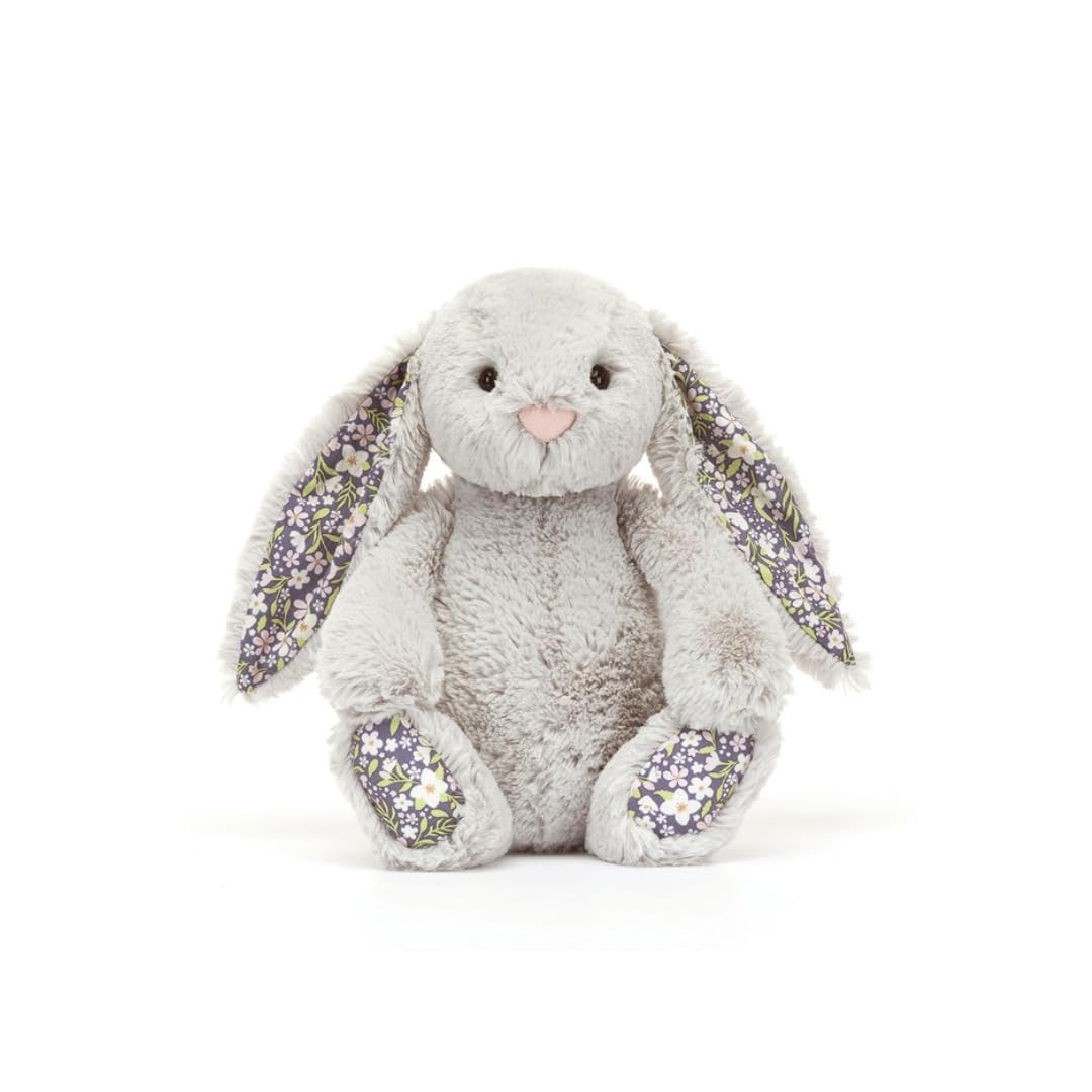 Jellycat Bashful Silver Bunny Bloom full-body shot reveals plush softness for hugs.
