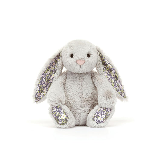 Jellycat Bashful Silver Bunny Bloom full-body shot reveals plush softness for hugs.