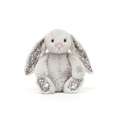 Jellycat Bashful Silver Bunny Bloom full-body shot reveals plush softness for hugs.