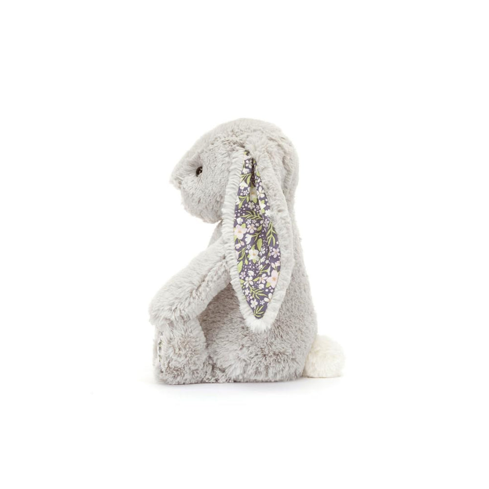 Jellycat Bashful Silver Bunny Bloom sitting-height pose emphasizes a cuddly companion.