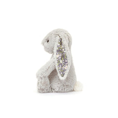 Jellycat Bashful Silver Bunny Bloom sitting-height pose emphasizes a cuddly companion.