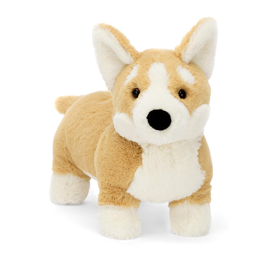 Jellycat Betty Corgi plush front view shows soft ginger fur and cream patches for cuddly charm.