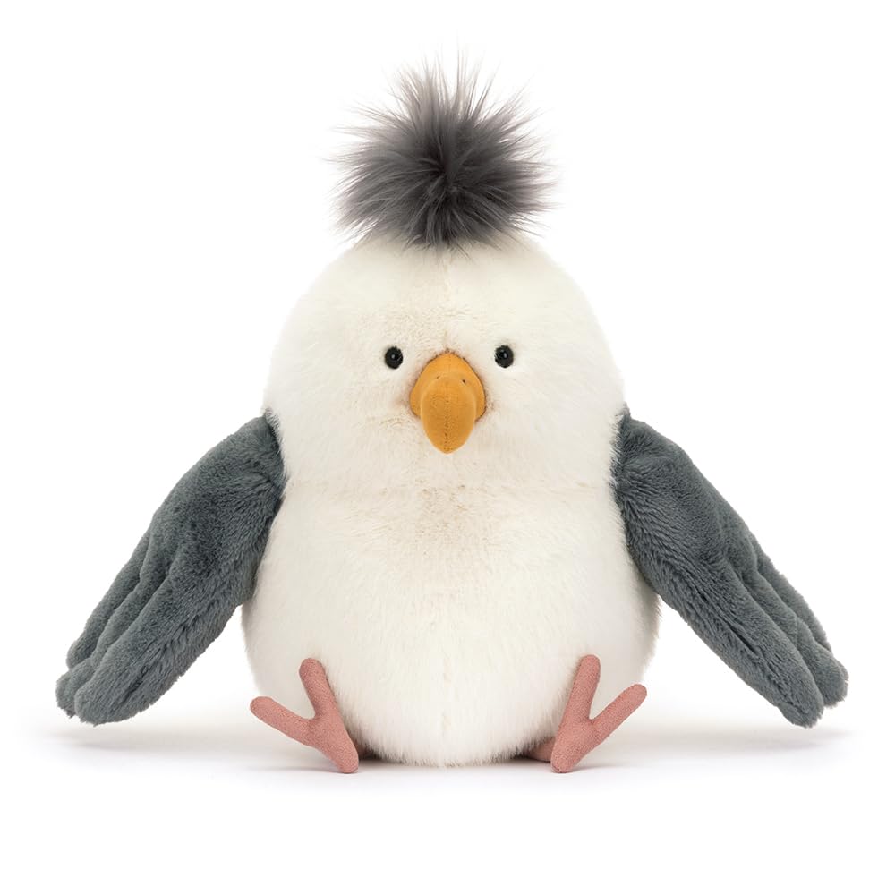 Jellycat Chip Seagull with curved yellow beak, a charming beach-inspired toy.