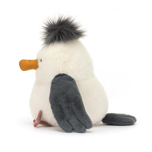 Jellycat Chip Seagull showing dark grey wings for a coastal look.