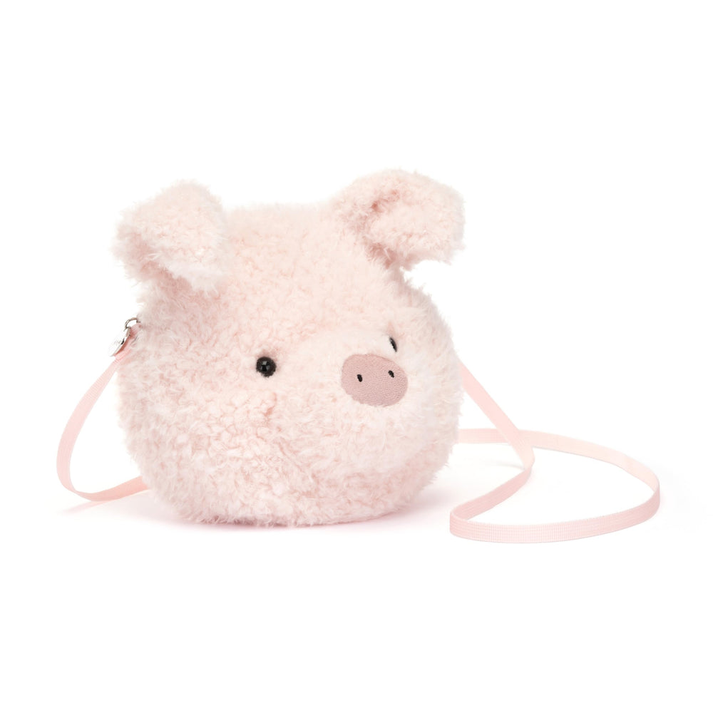 Jellycat Little Pig Plush Bag outer view showing soft pink fur for daily carry