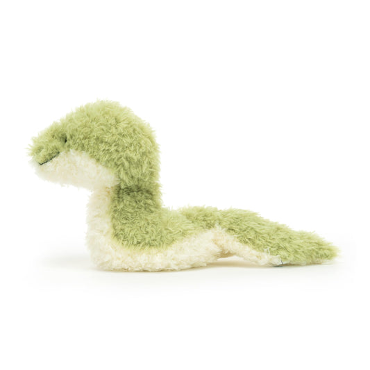 Jellycat Little Snake with weighted tummy sits upright for display and storytelling.
