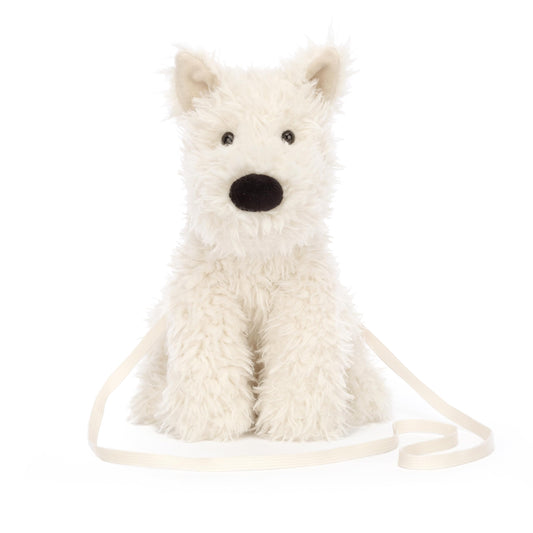 Jellycat Munro Scottie Dog Bag side view with adjustable crossbody strap for comfort.