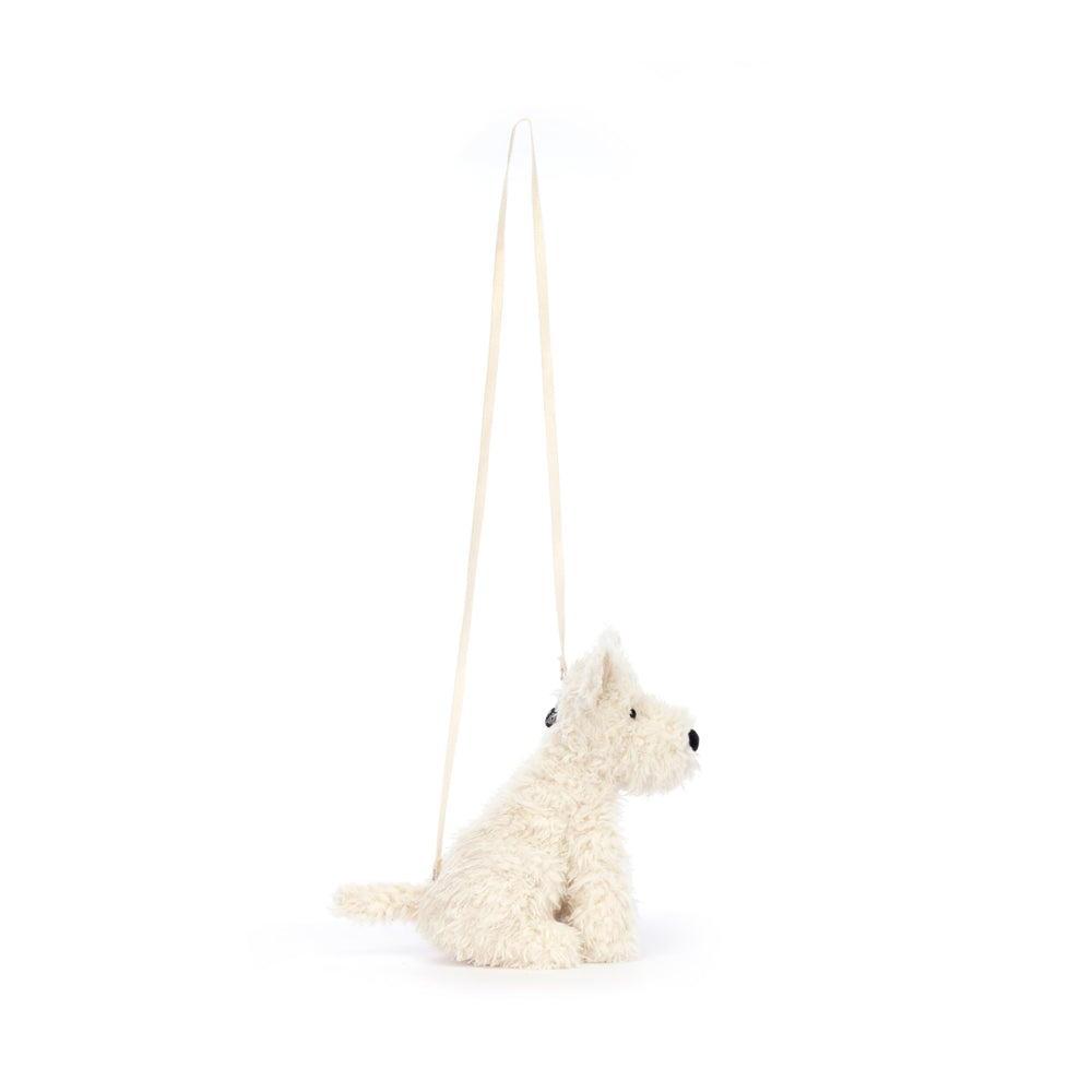 Jellycat Munro Scottie Dog Bag top-down view displaying cream plush texture.