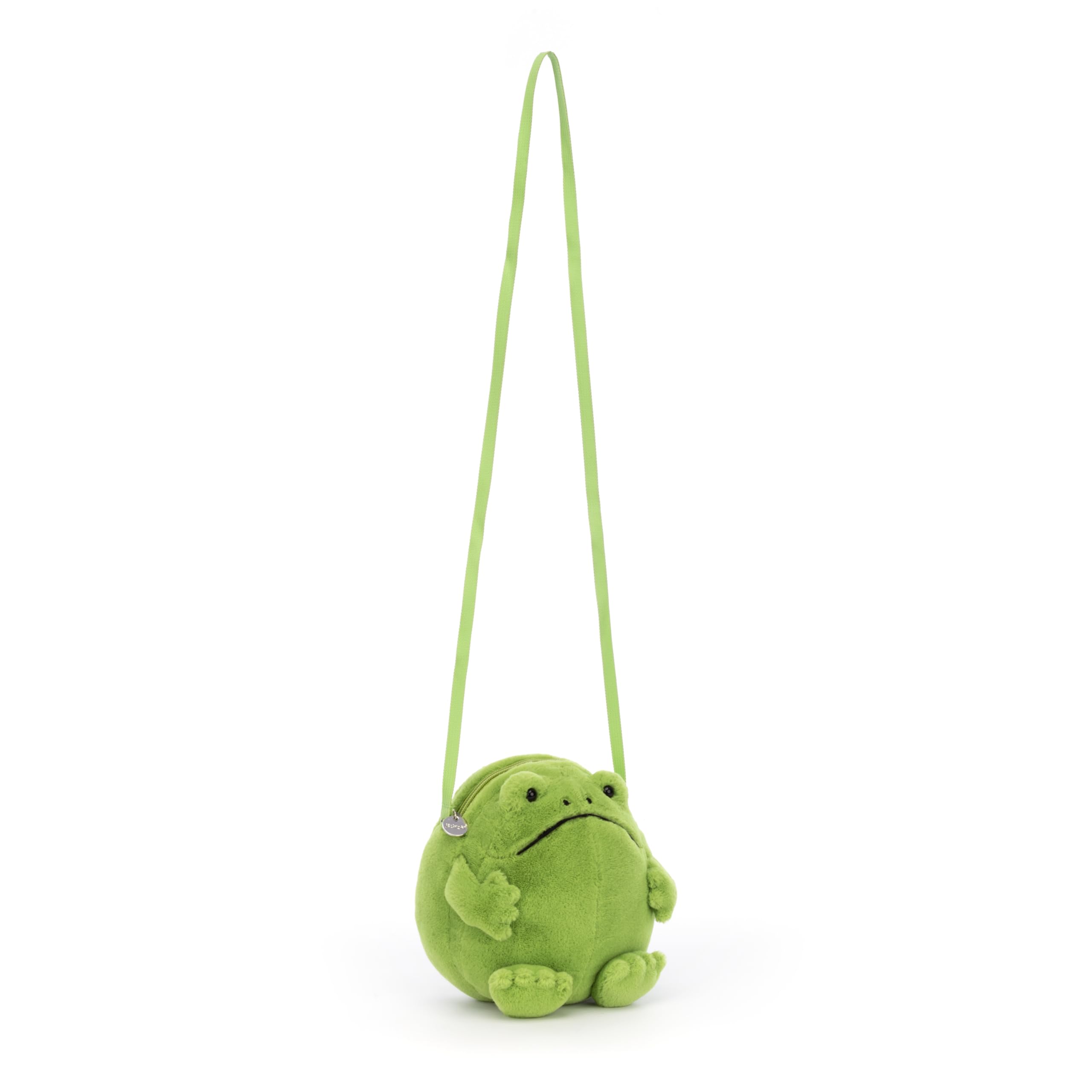 Jellycat Ricky Rain Frog strap and zipper close up demonstrates secure, easy access