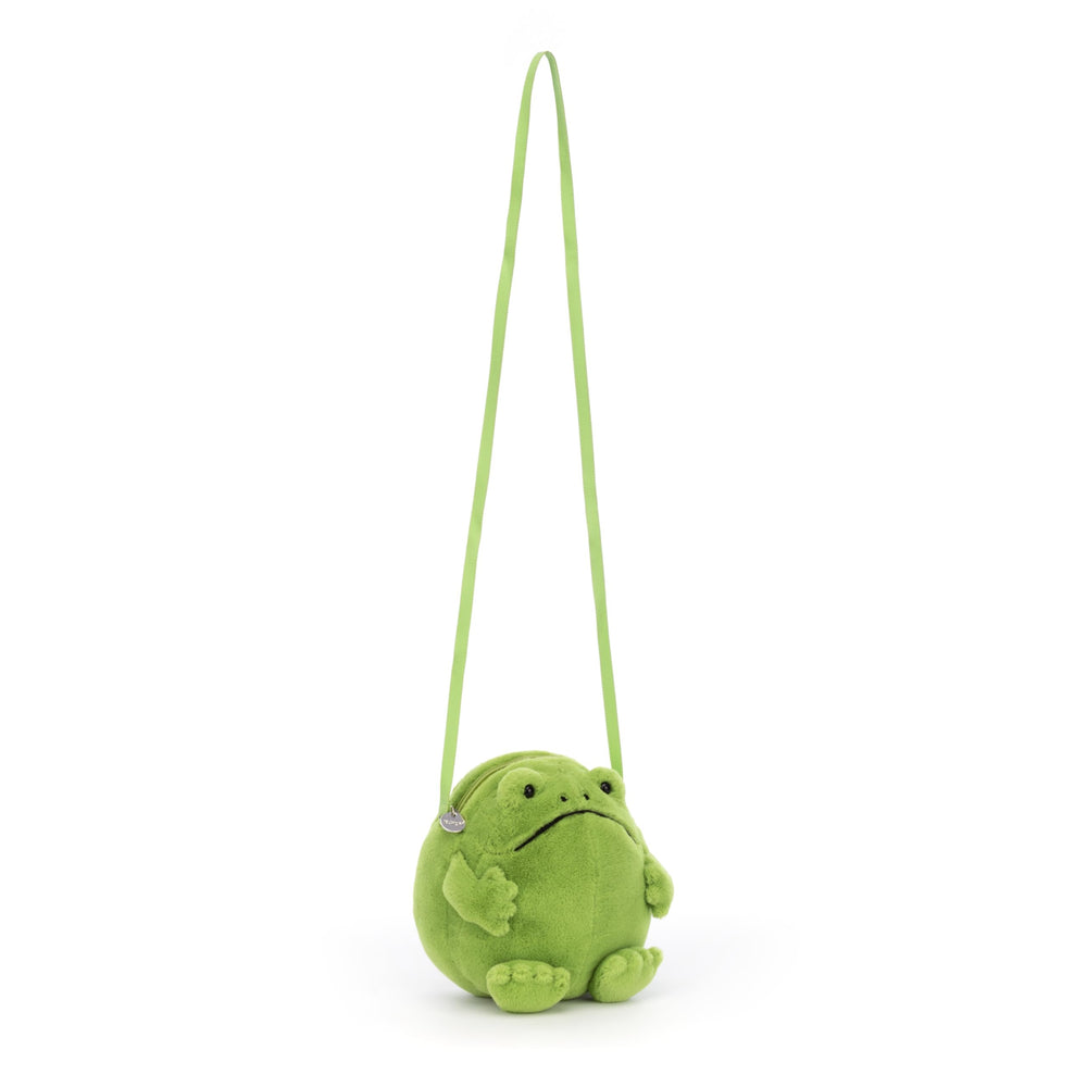 Jellycat Ricky Rain Frog strap and zipper close up demonstrates secure, easy access