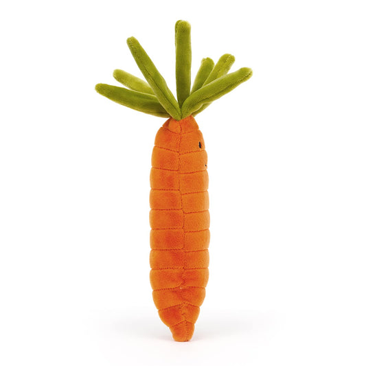 Detail shot of lime green leaves and stitched ridges on the Jellycat carrot plush