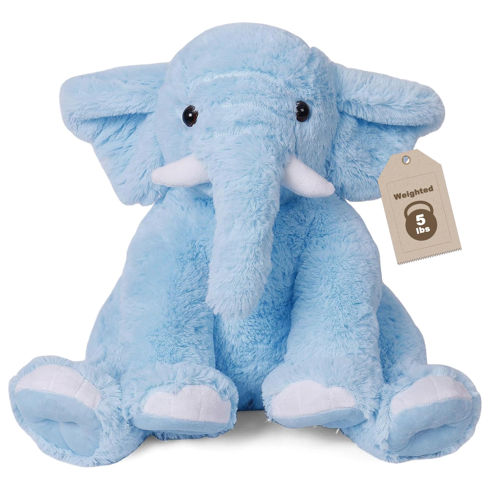 JellyMallow Elephant 5lb weighted plush in full view on bed for cozy comfort