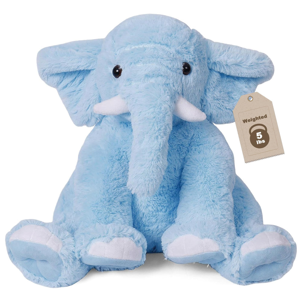 JellyMallow Elephant 5lb weighted plush in full view on bed for cozy comfort