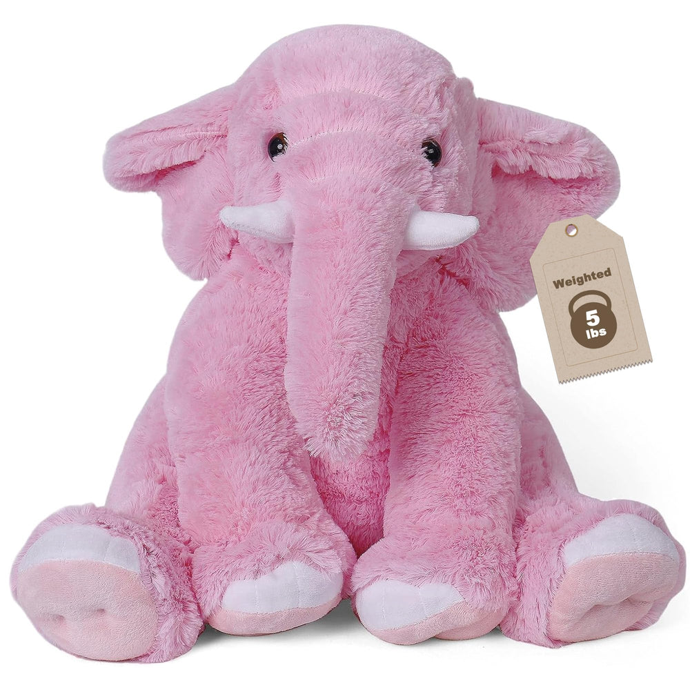 JellyMallow elephant weighted plush, 16-inch pink, front view for cozy comfort.