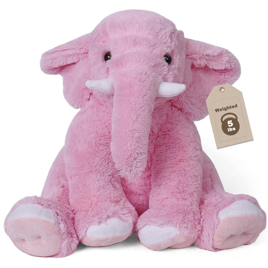 JellyMallow elephant weighted plush, 16-inch pink, front view for cozy comfort.
