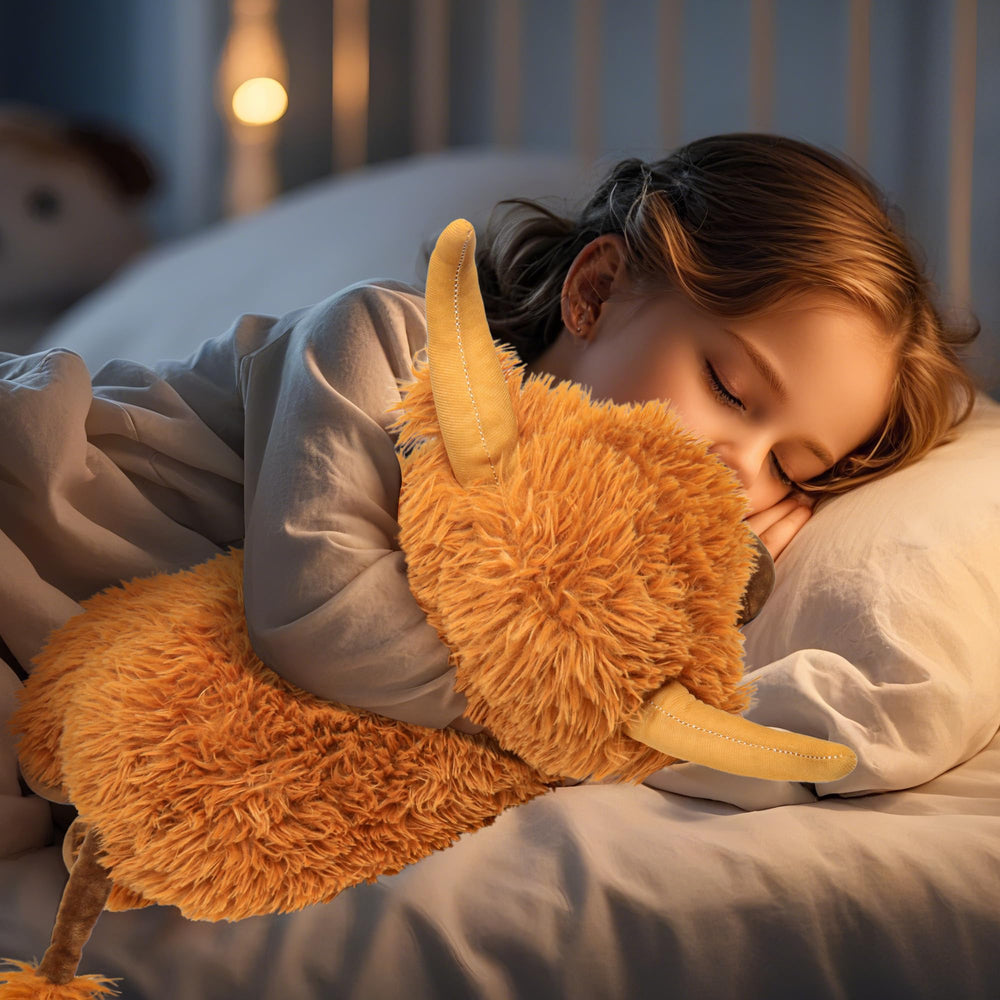 Bedtime buddy role for JellyMallow Highland Cow weighted plush on bed