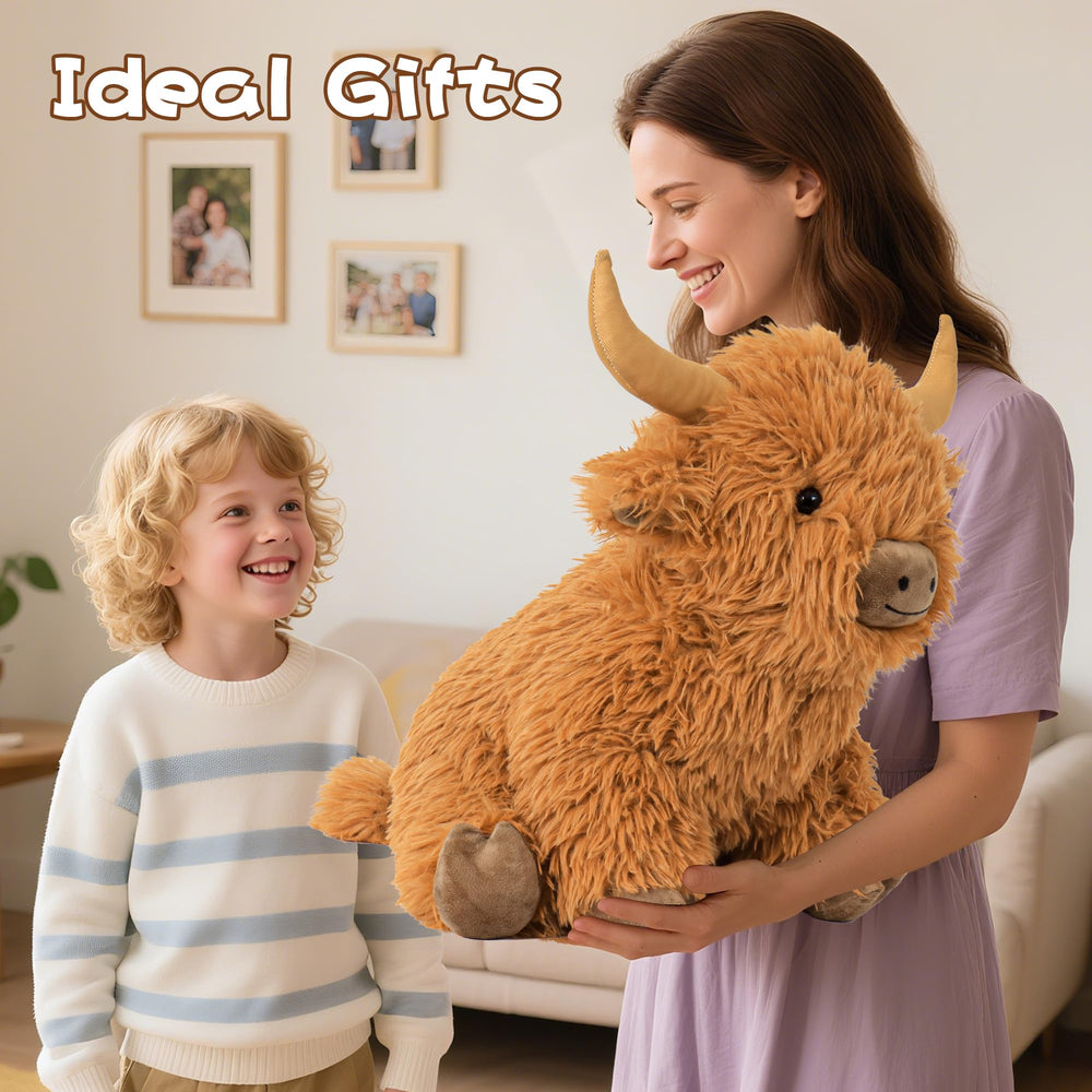 JellyMallow Highland Cow decor plush on couch adds charming room accent.