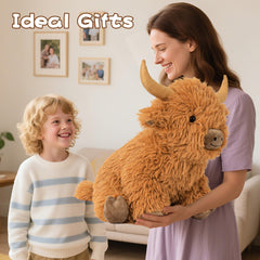 JellyMallow Highland Cow decor plush on couch adds charming room accent.