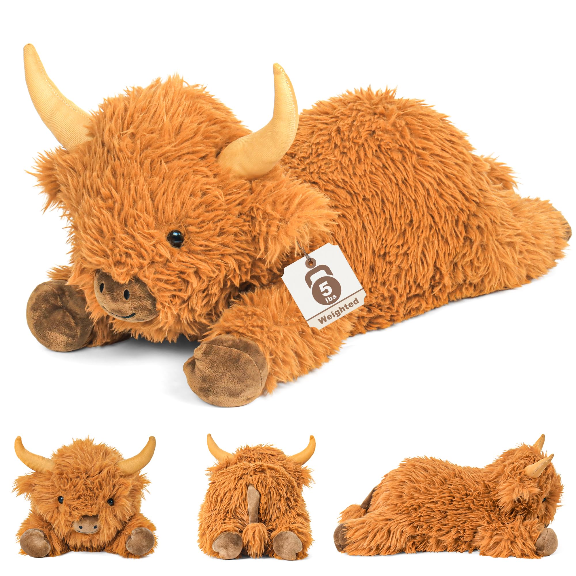 JellyMallow Highland Cow weighted plush sits 22 inches tall, perfect for cozy hugs