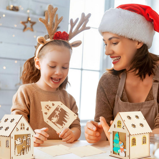 Jenaai Christmas village houses ready for assembly and personalized DIY decorations.