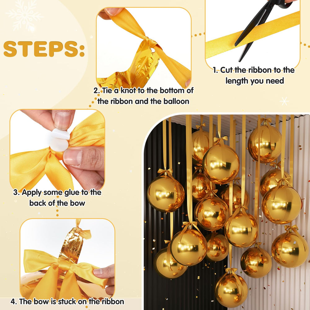 Jenaai gold foil balloons with satin bows ideal for elegant parties.