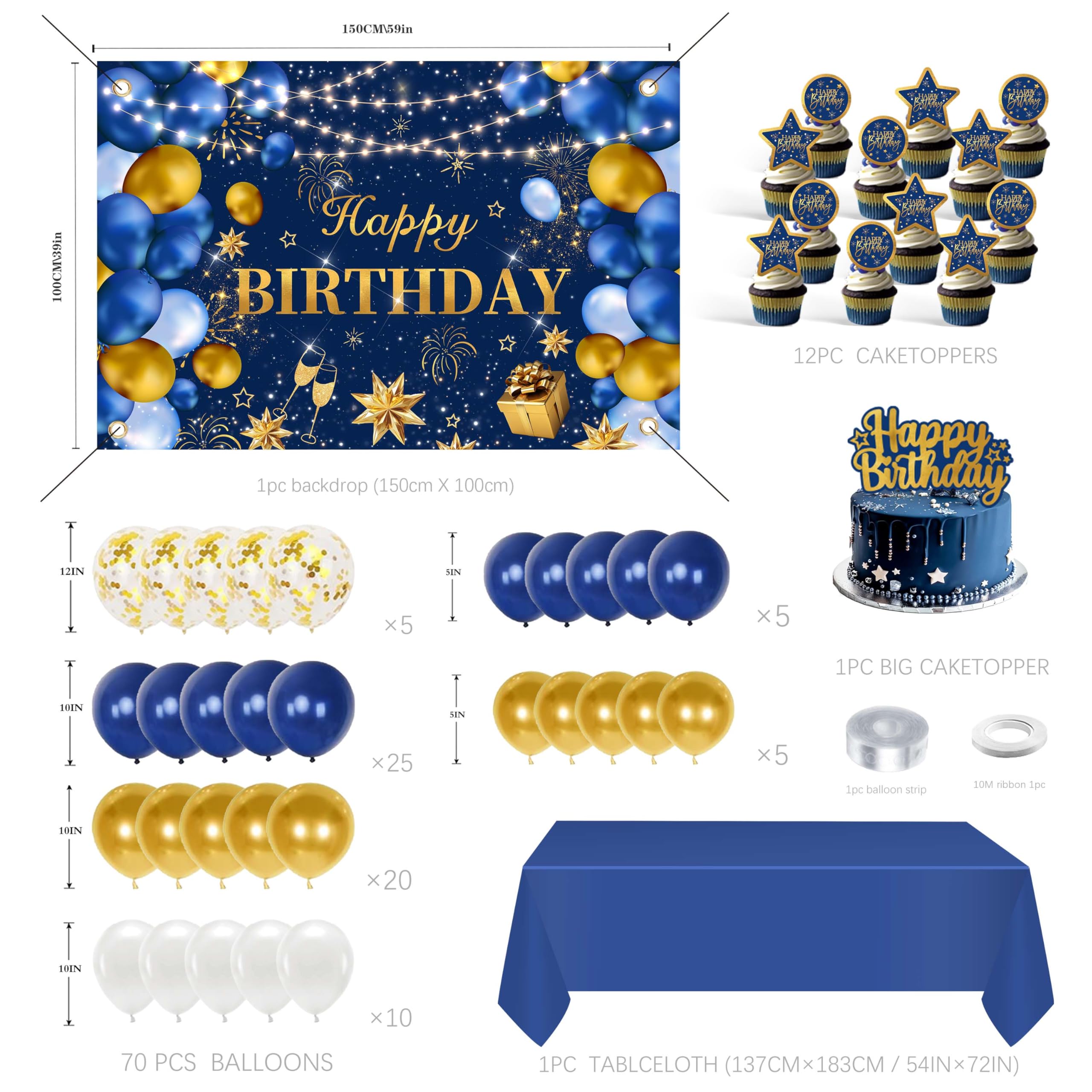 Jenlion blue-gold balloon arch setup creates a festive focal point.