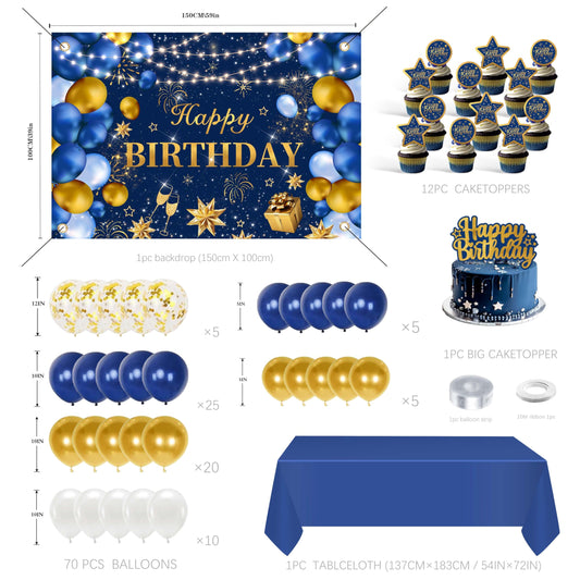 Jenlion blue-gold balloon arch setup creates a festive focal point.