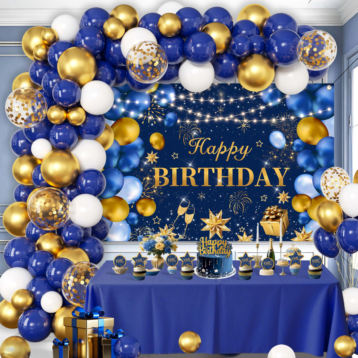 Jenlion blue-gold birthday banner, a stylish backdrop for memorable photo moments.