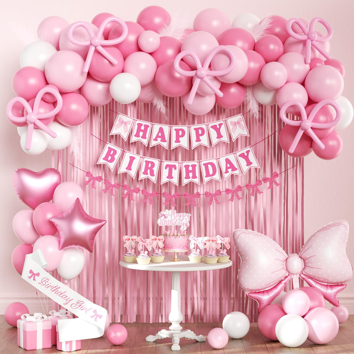 Jenlion pink bow birthday banner creates a cohesive party look for photos