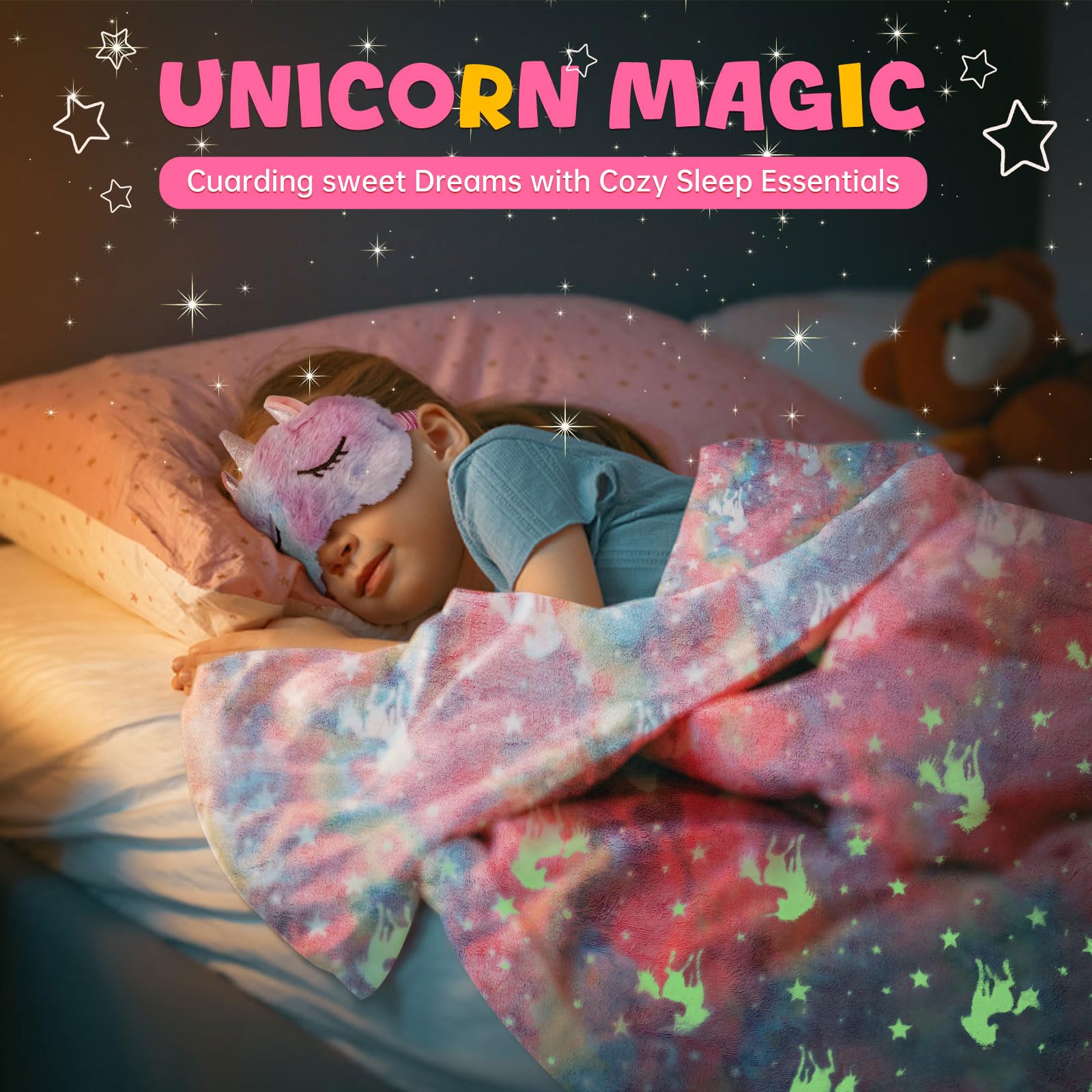 Jenria unicorn eye mask helps little ones rest.