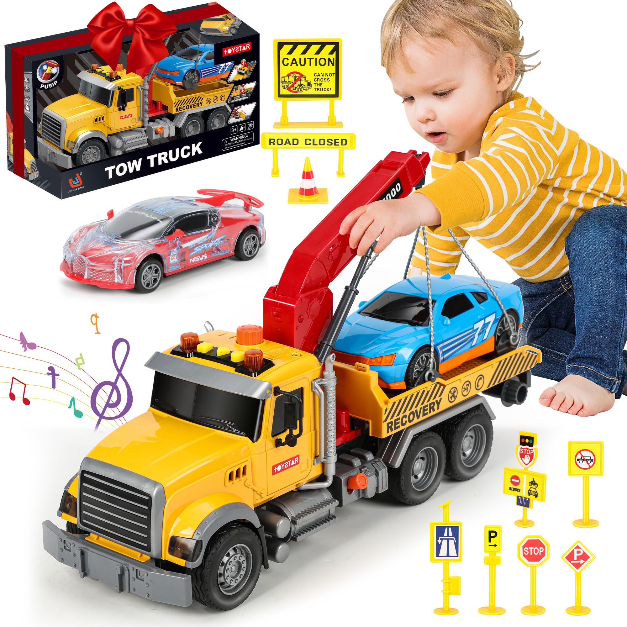 Jentatnua 15-inch tow truck toy crane trailer with lights for imaginative rescue play.