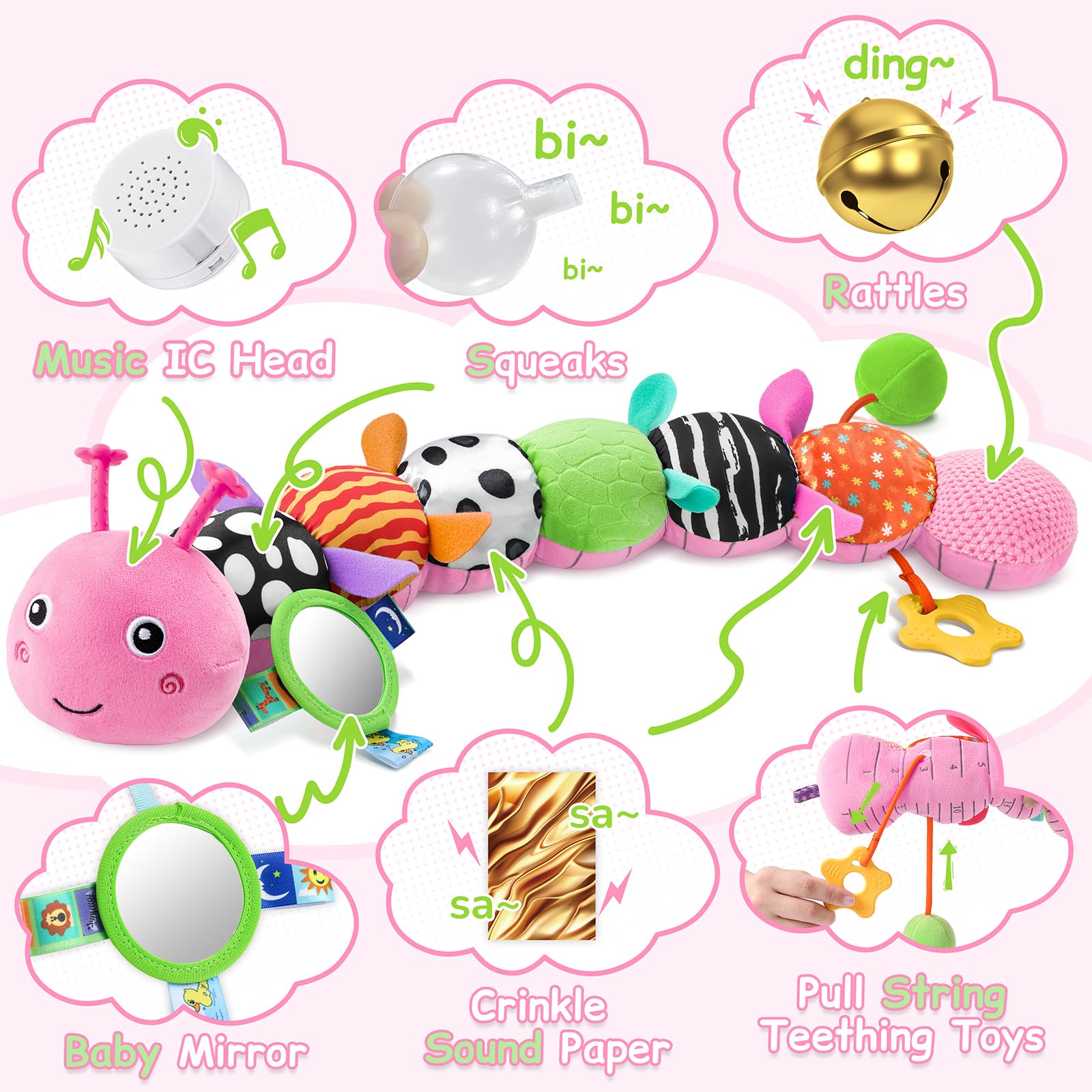 JENTXON plush caterpillar rattle provides gentle sounds for auditory development