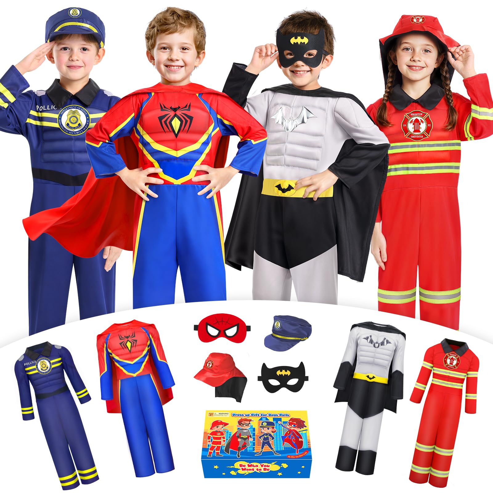 Jeowoqao kids police-fireman set front view showcases durable, imaginative dress-up play.