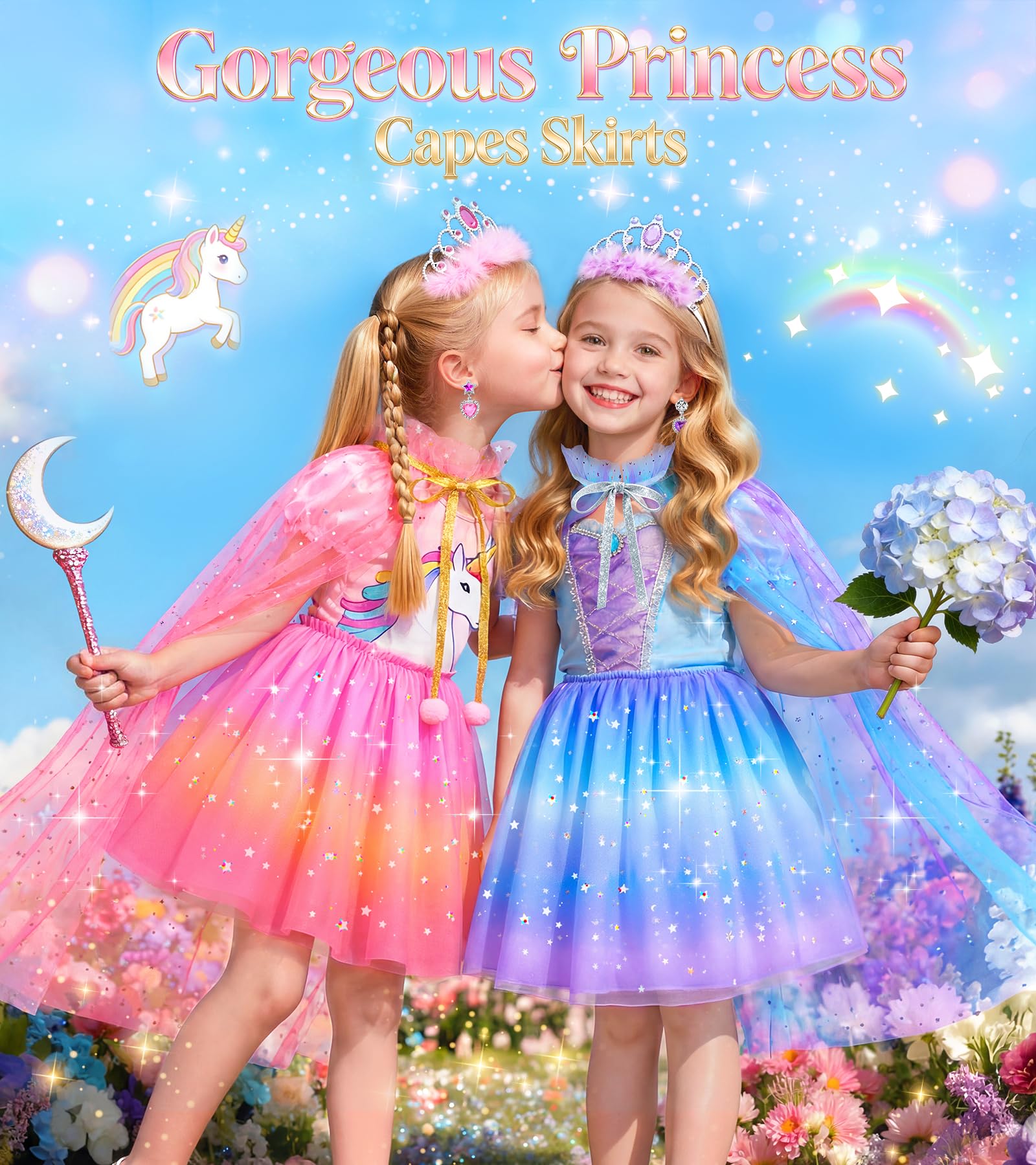 Jeowoqao flowing capes with glitter stars for imaginative princess play