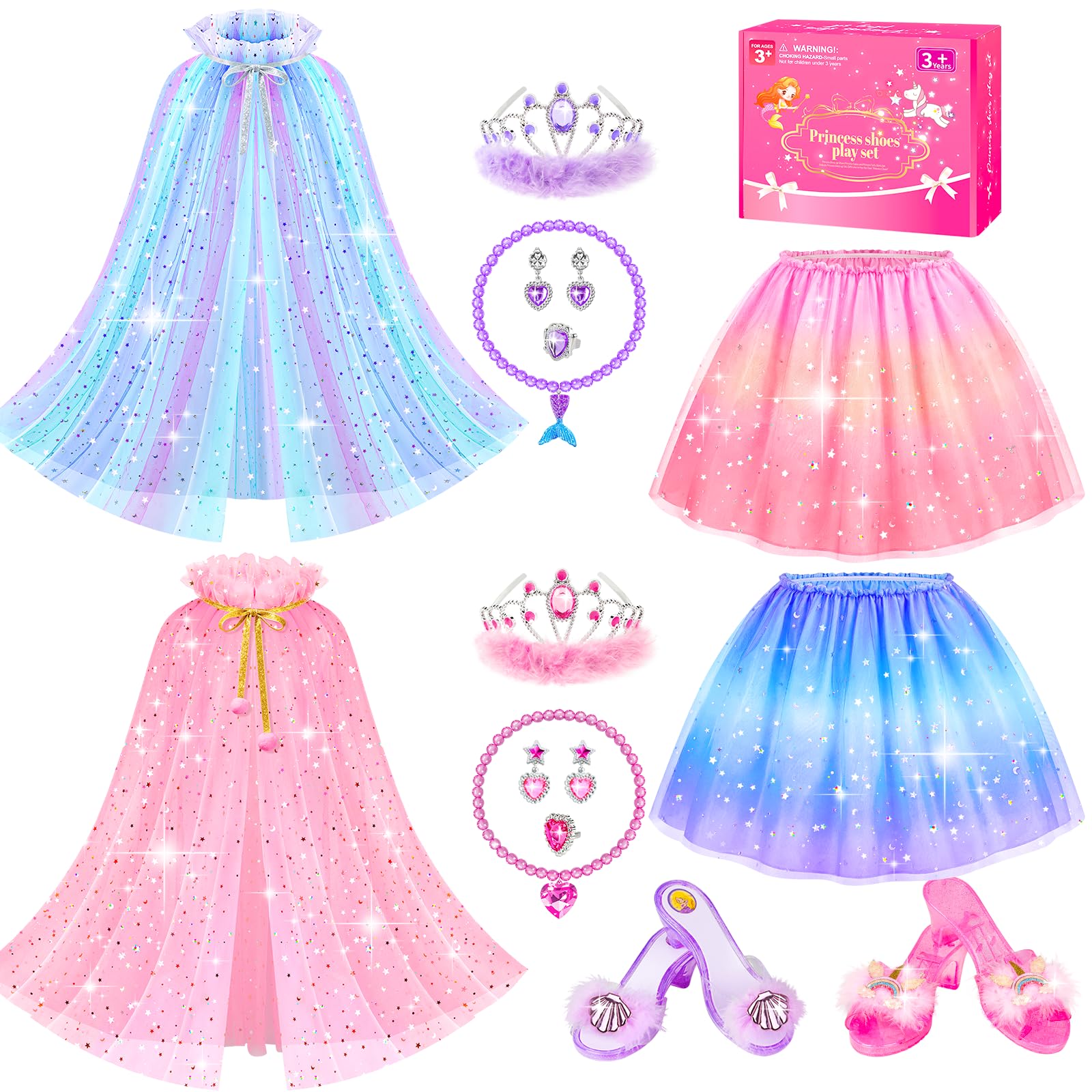 Jeowoqao princess dress up set in a pink box showing all pieces for easy transport and storage
