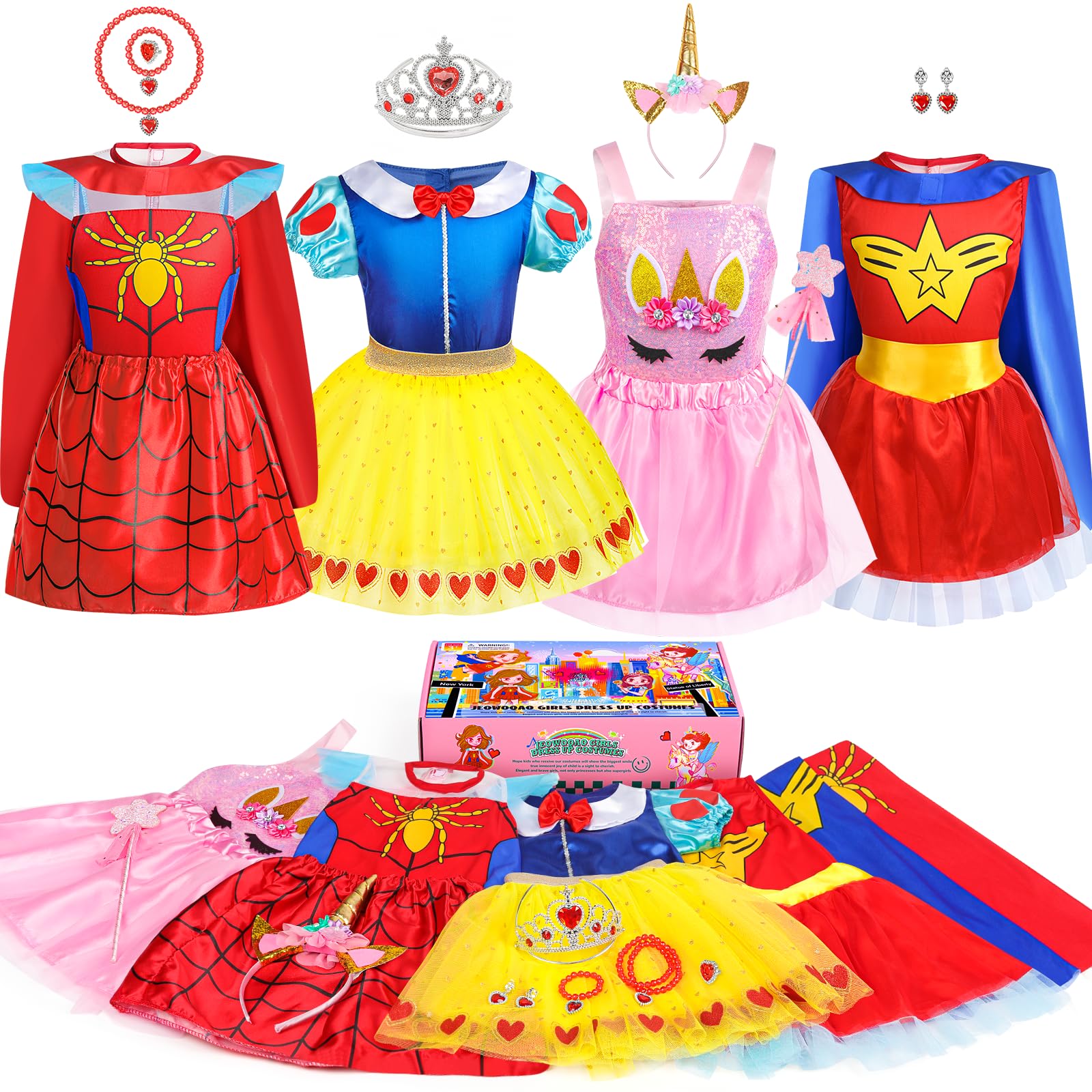 Jeowoqao toddler dress-up princess set boosts imaginative play with colorful costumes.