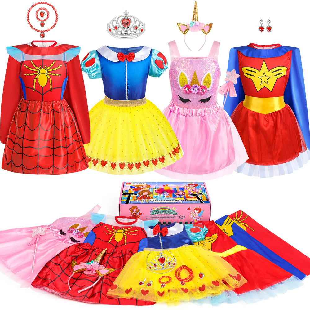 Jeowoqao toddler dress-up princess set boosts imaginative play with colorful costumes.