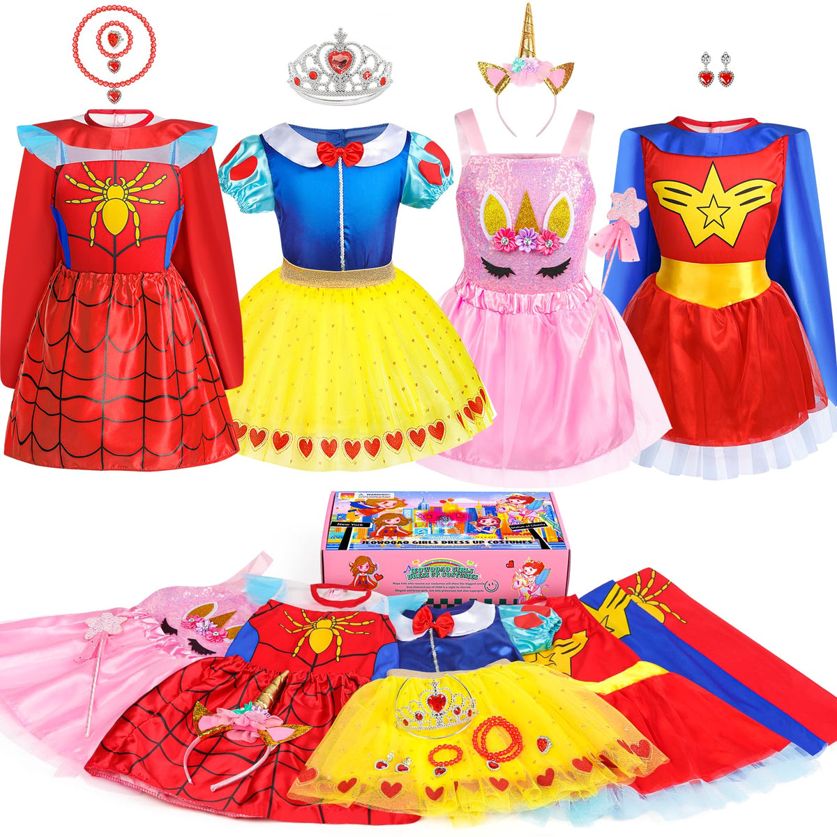 Jeowoqao toddler dress-up princess set boosts imaginative play with colorful costumes.