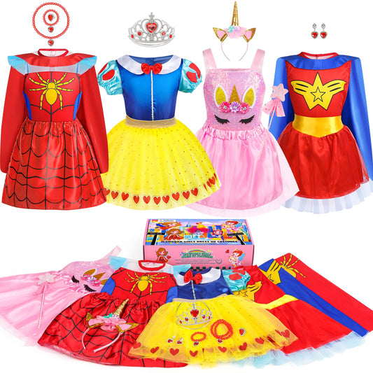 Jeowoqao toddler dress-up princess set boosts imaginative play with colorful costumes.