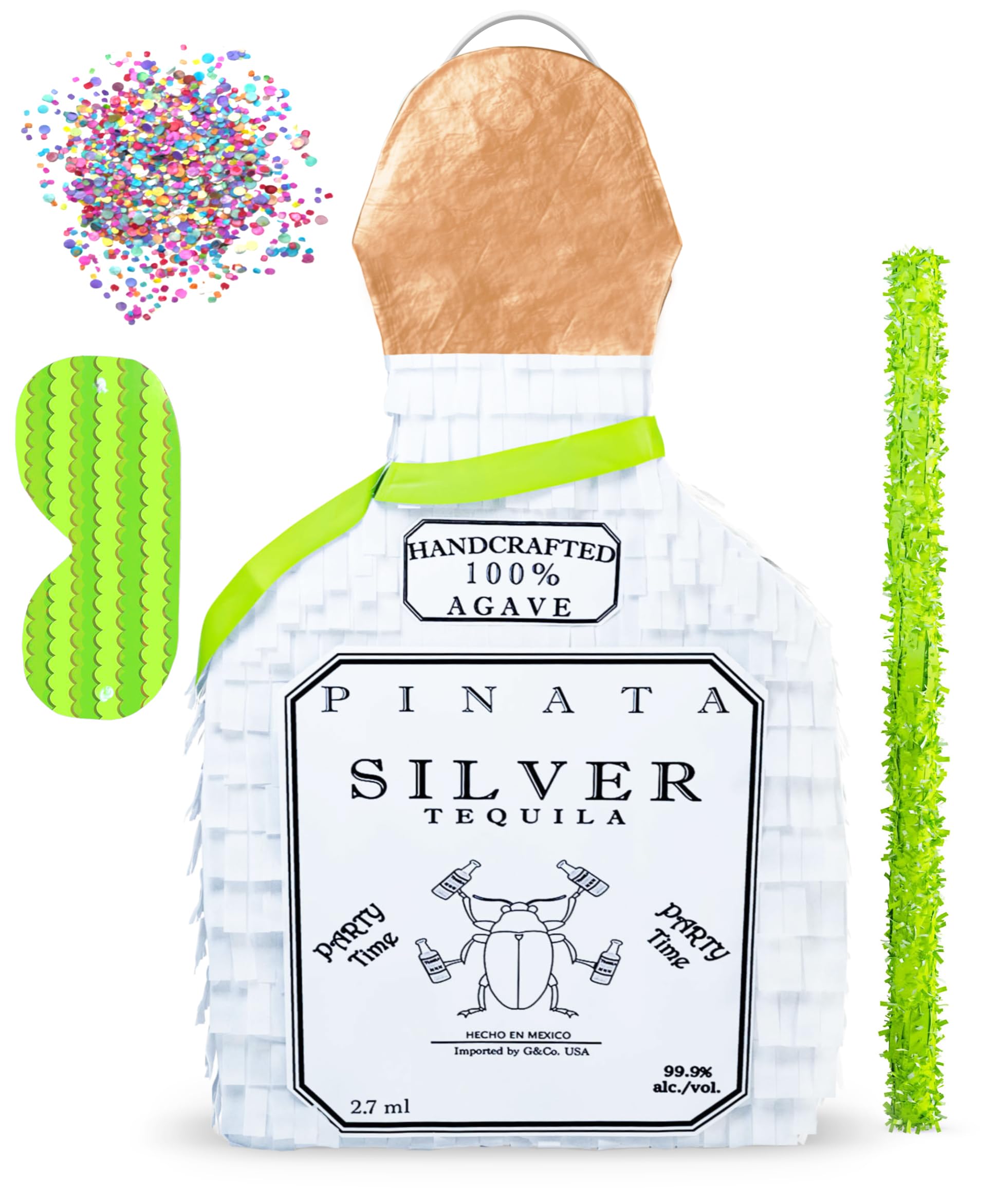 Jergrim white tequila bottle pinata hangs as colorful birthday decor.