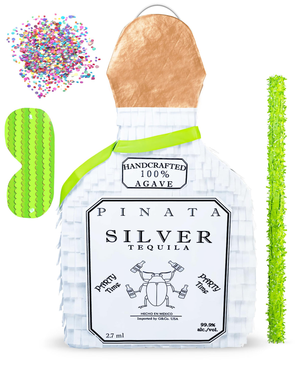 Jergrim white tequila bottle pinata hangs as colorful birthday decor.