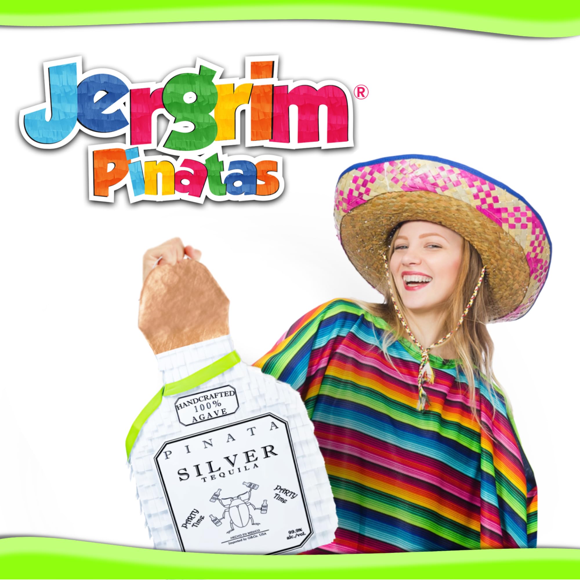 Jergrim tequila pinata with bright multi-color finish enhances fiesta themes.