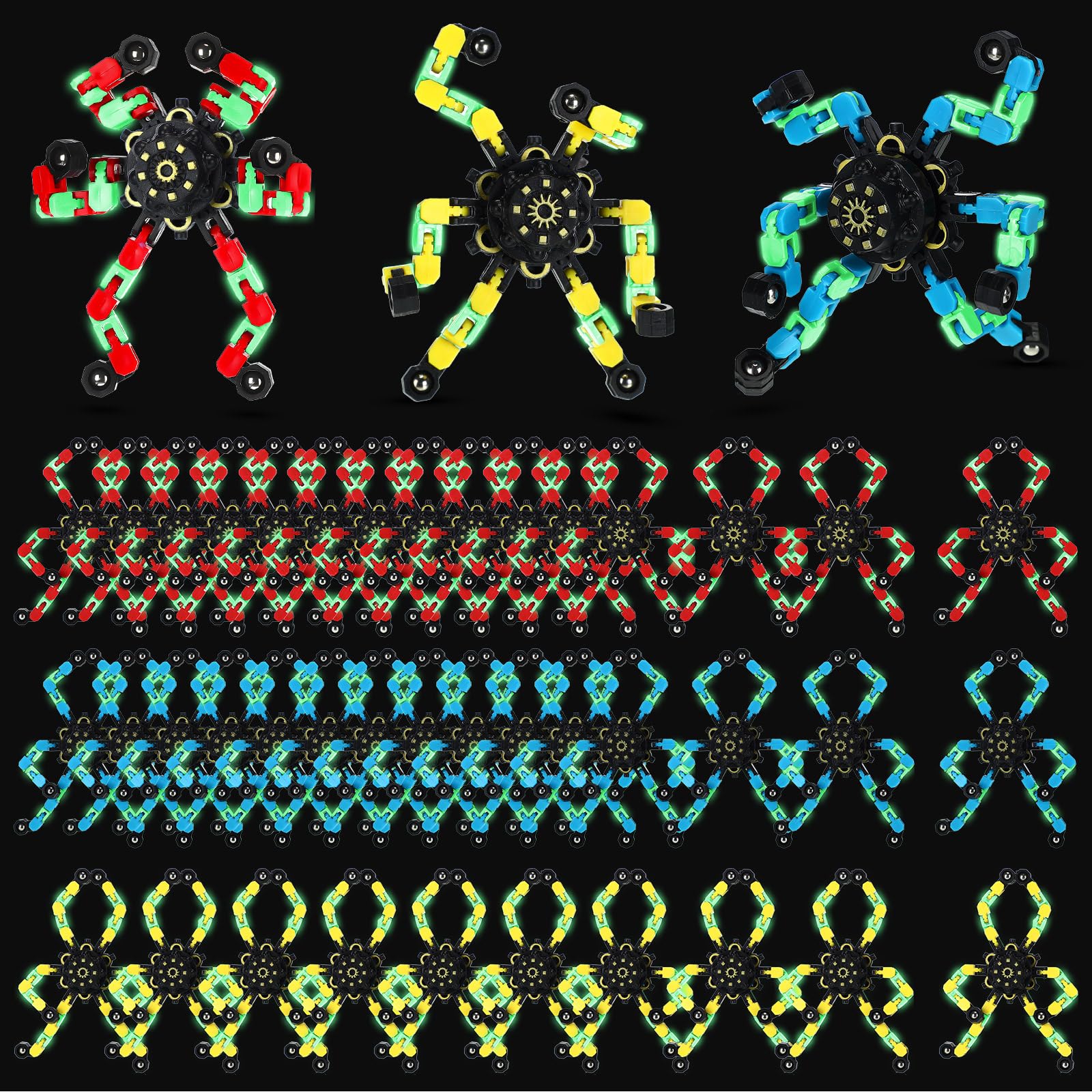 Jerify transformable chain robot fidget toy glows in the dark for portable stress relief.