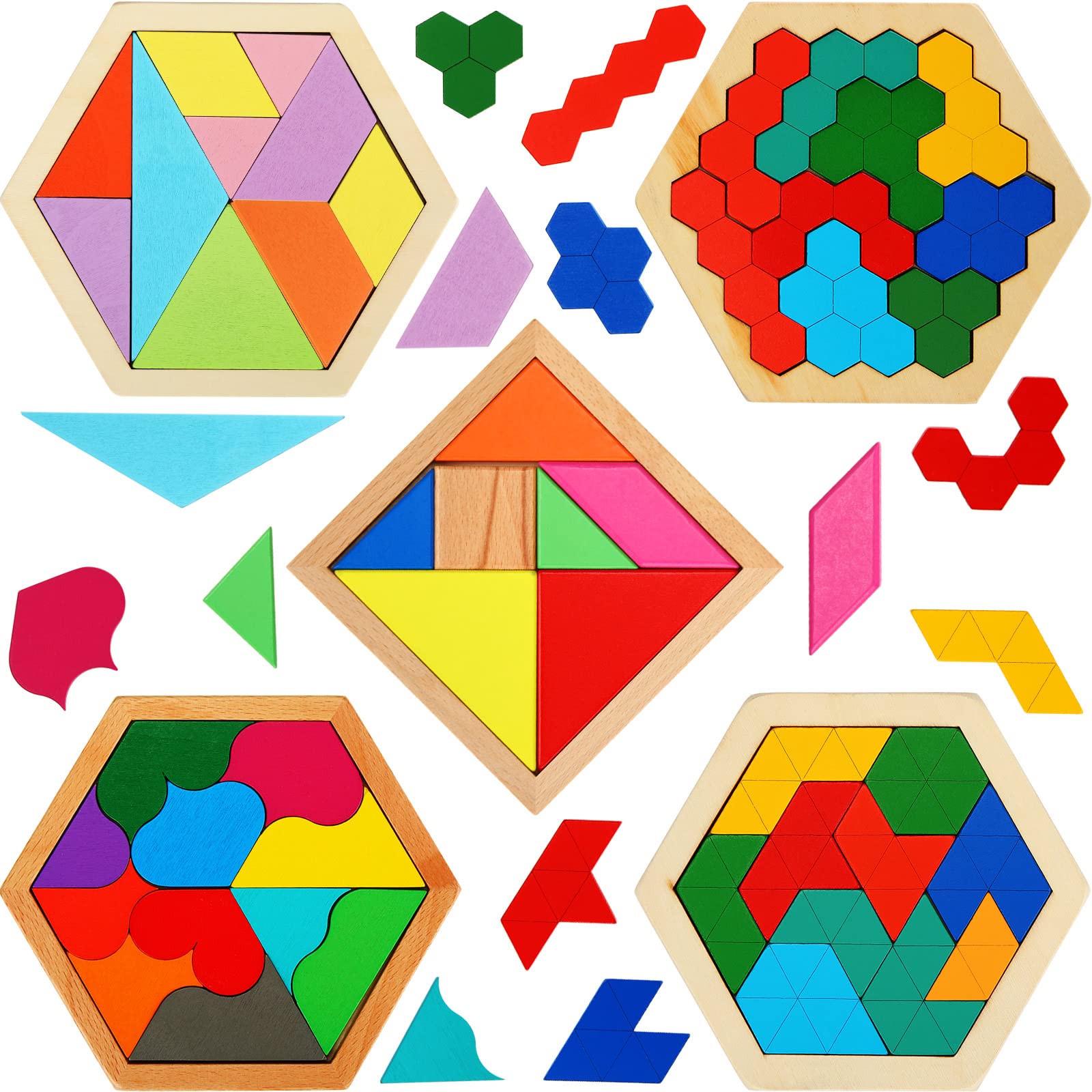 Jerify 5-pack wooden tangram puzzle hexagon blocks that boost geometric thinking.