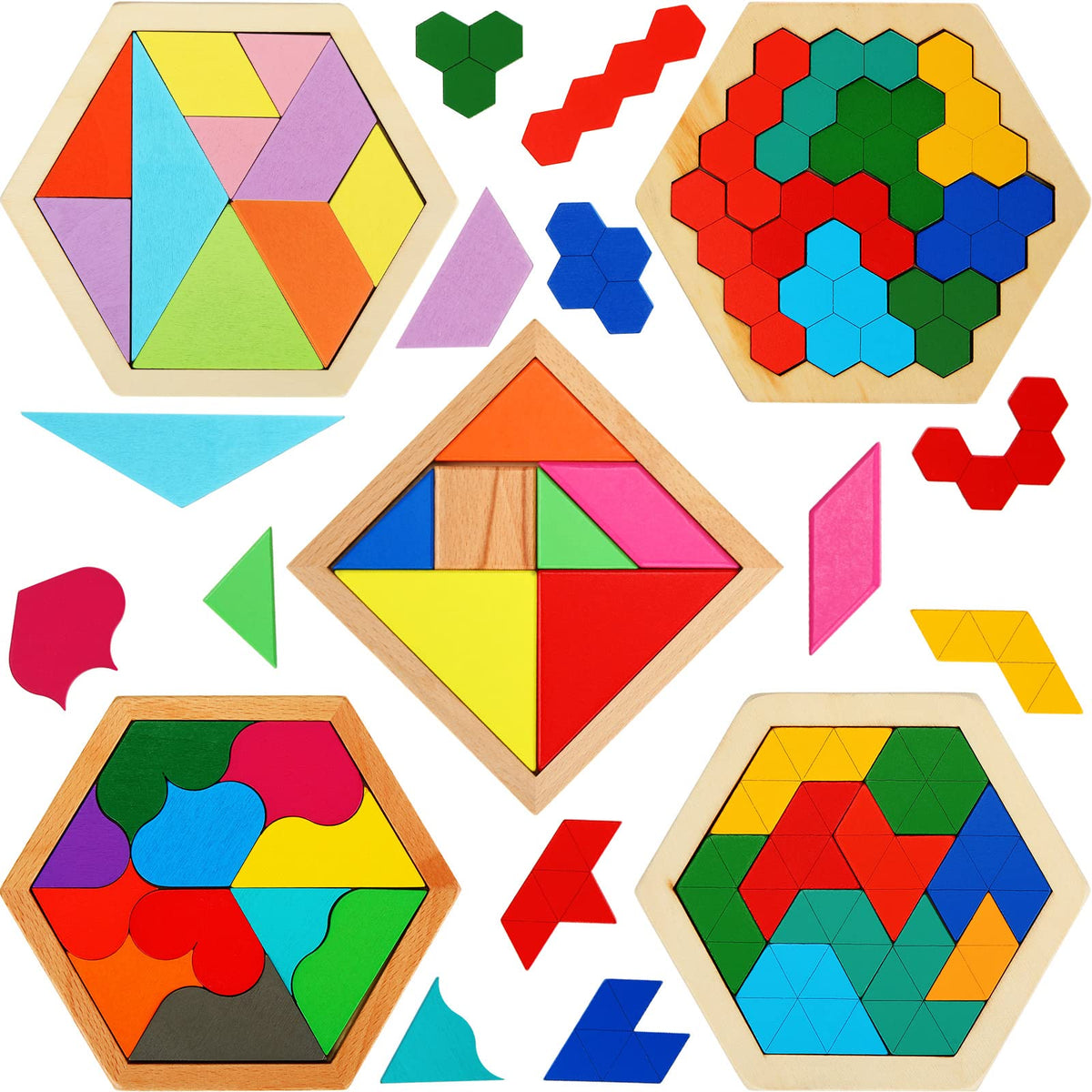 Jerify 5-pack wooden tangram puzzle hexagon blocks that boost geometric thinking.