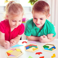 Jerify tangram puzzles show multiple ways to assemble on a hexagon grid.